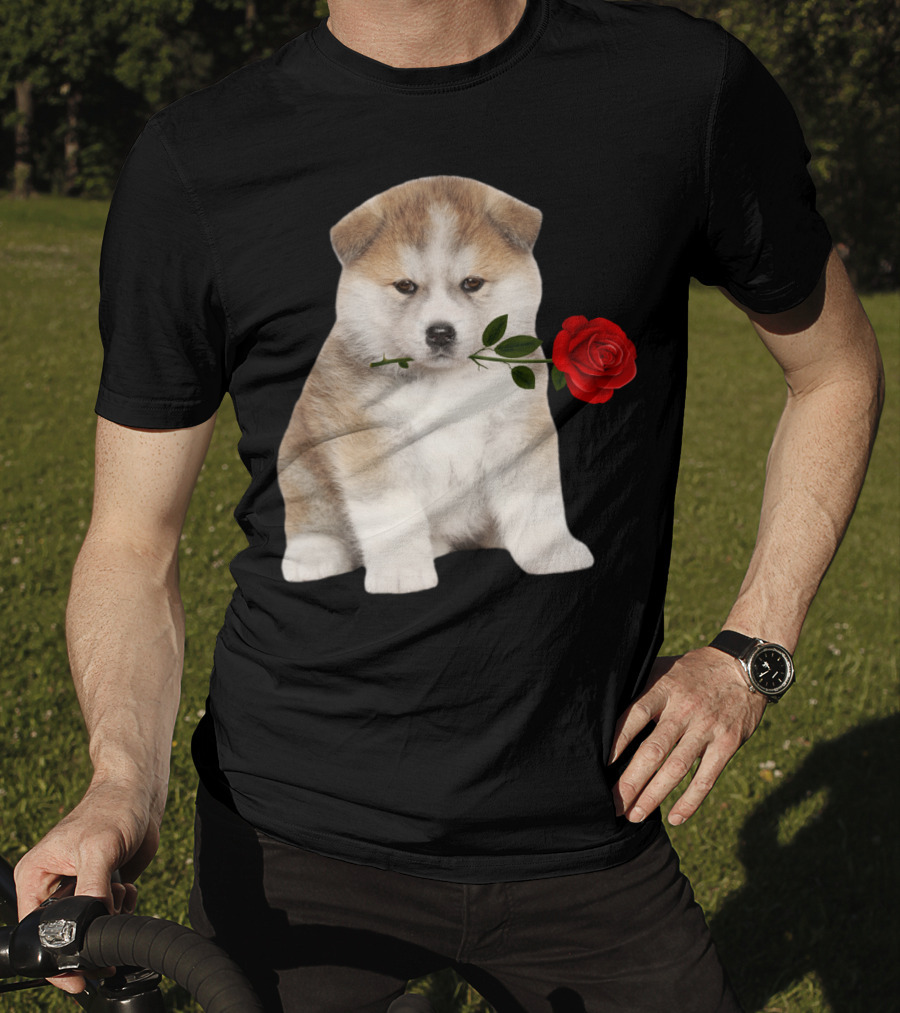 Akita Puppy Holding Red Rose T-Shirt