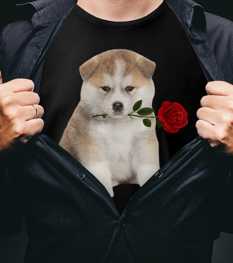 Akita Puppy Holding Red Rose T-Shirt