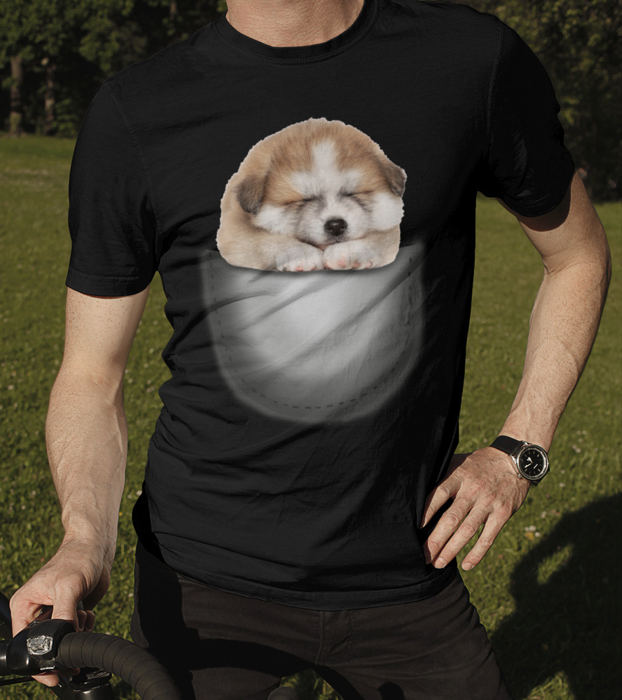 Sleeping Akita Puppy In Pocket T-Shirt