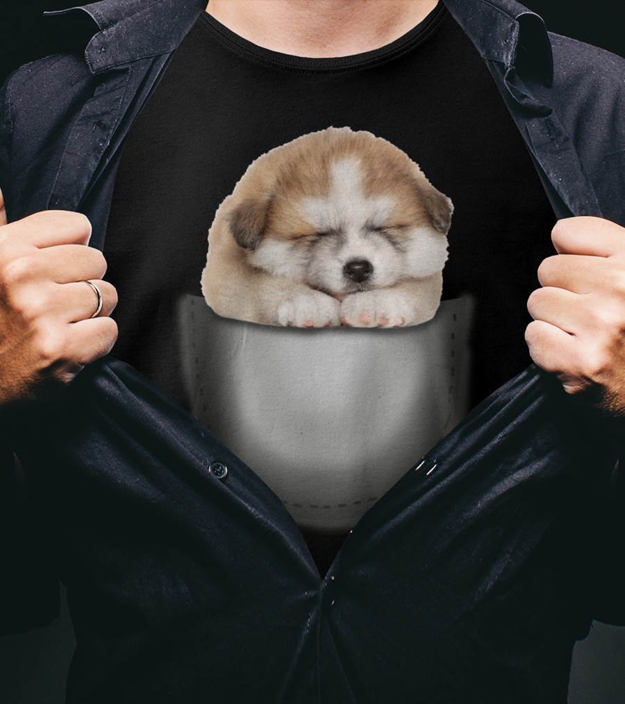 Sleeping Akita Puppy In Pocket T-Shirt