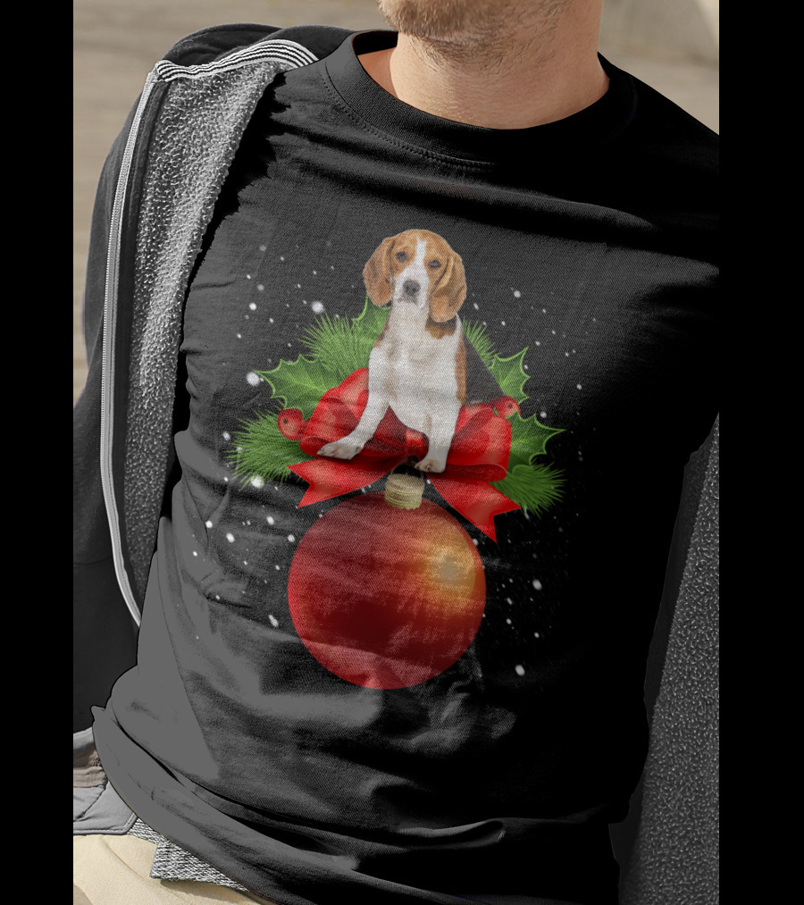 Beagle Red Christmas Ornament With Holly And Snowflakes T-Shirt