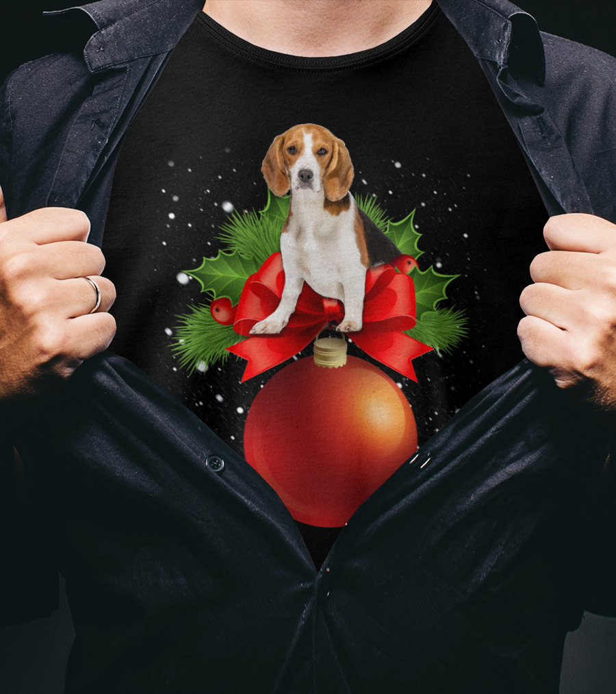 Beagle Red Christmas Ornament With Holly And Snowflakes T-Shirt