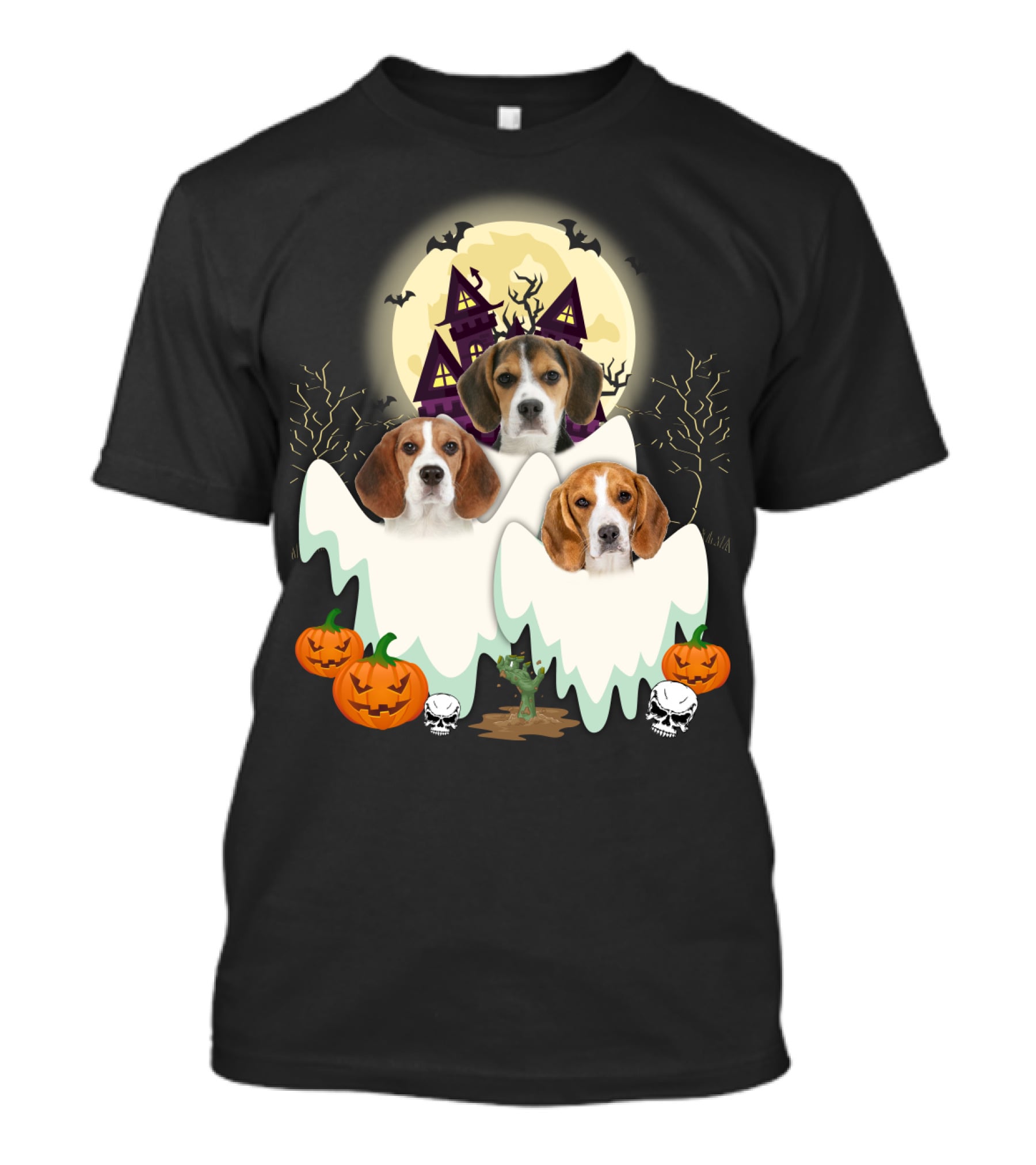Beagle Halloween Ghosts Haunted House Pumpkins Bats Moon T-Shirt