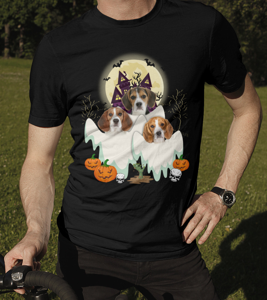 Beagle Halloween Ghosts Haunted House Pumpkins Bats Moon T-Shirt