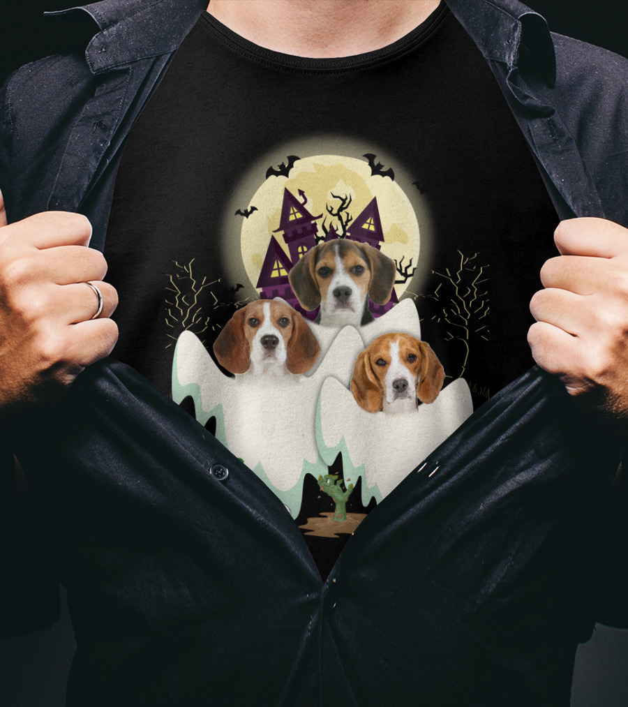 Beagle Halloween Ghosts Haunted House Pumpkins Bats Moon T-Shirt