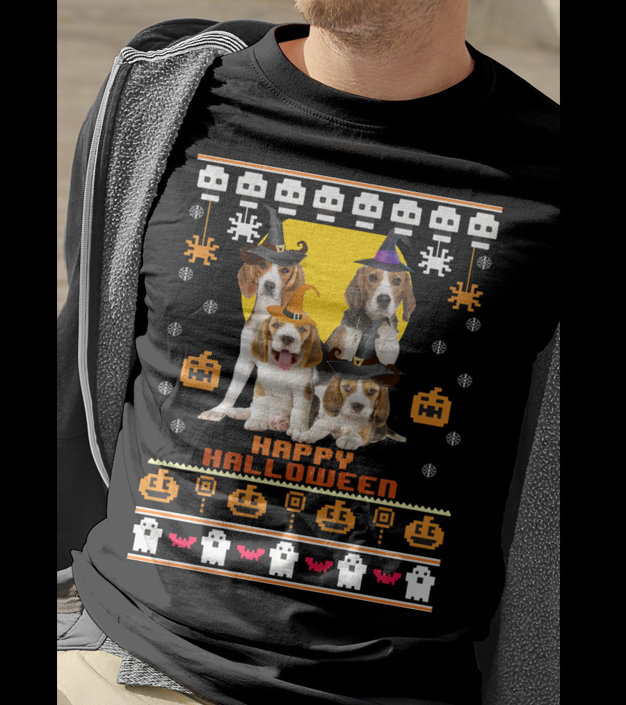 Beagle Happy Halloween Witch Hats And Pixelated Ghosts T-Shirt