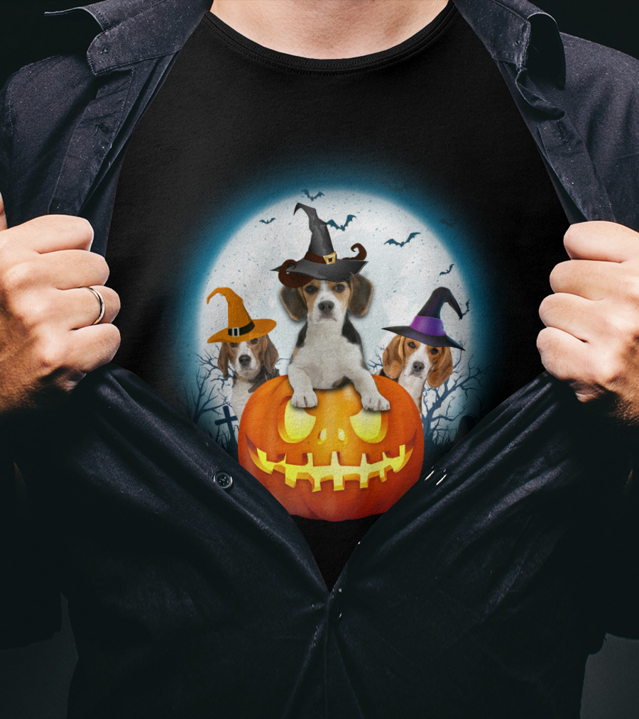 Beagle Pumpkin Halloween Witch Trio T-Shirt