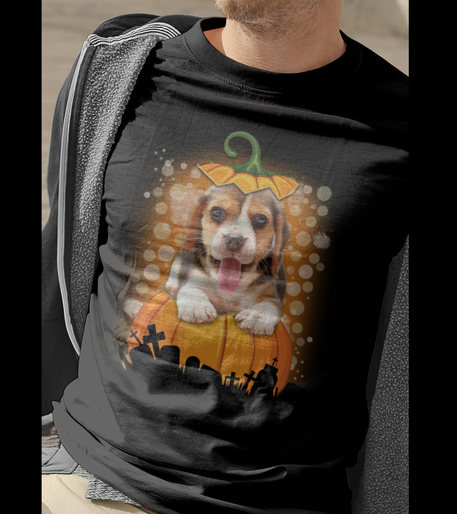 Beagle Puppy On Halloween Pumpkin Graveyard Scene T-Shirt
