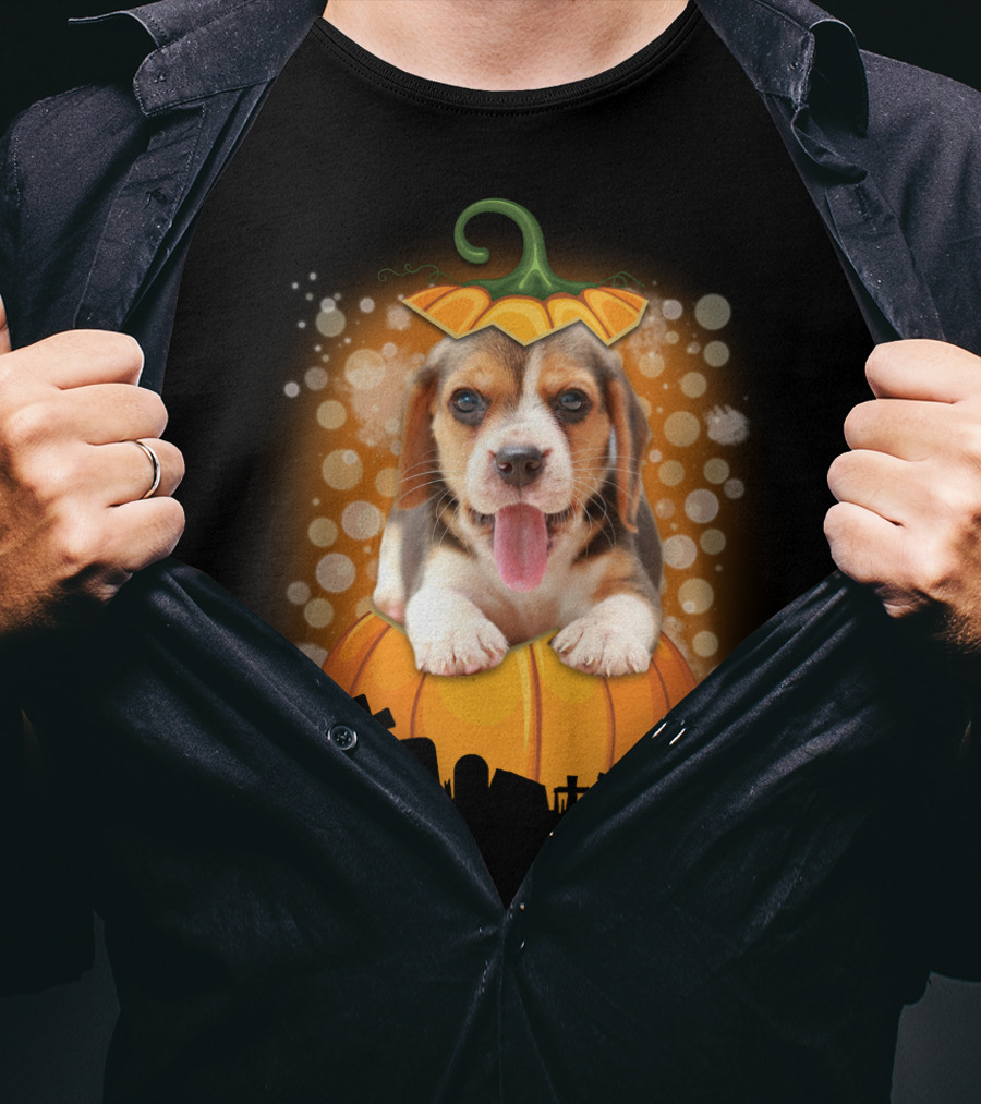 Beagle Puppy On Halloween Pumpkin Graveyard Scene T-Shirt