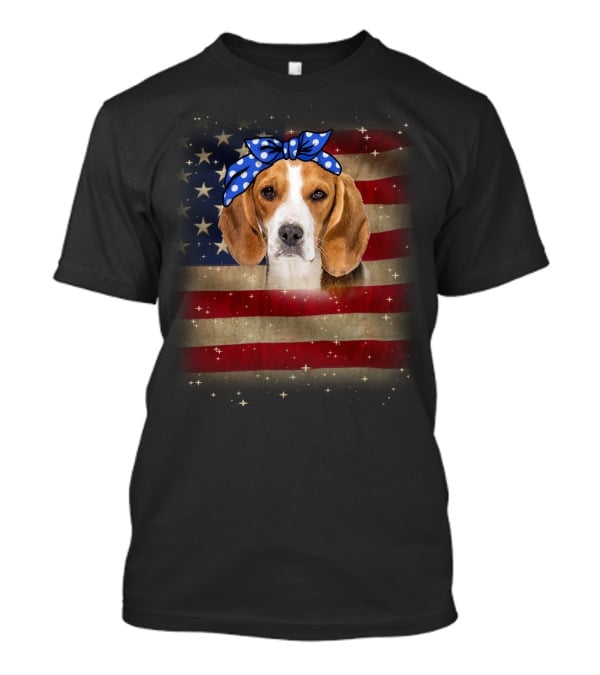 Beagle With Blue Polka Dot Bow On American Flag Background T-Shirt