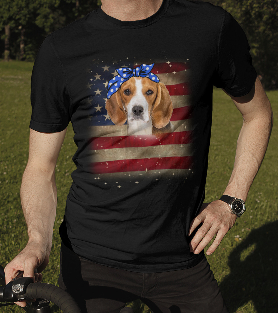 Beagle With Blue Polka Dot Bow On American Flag Background T-Shirt