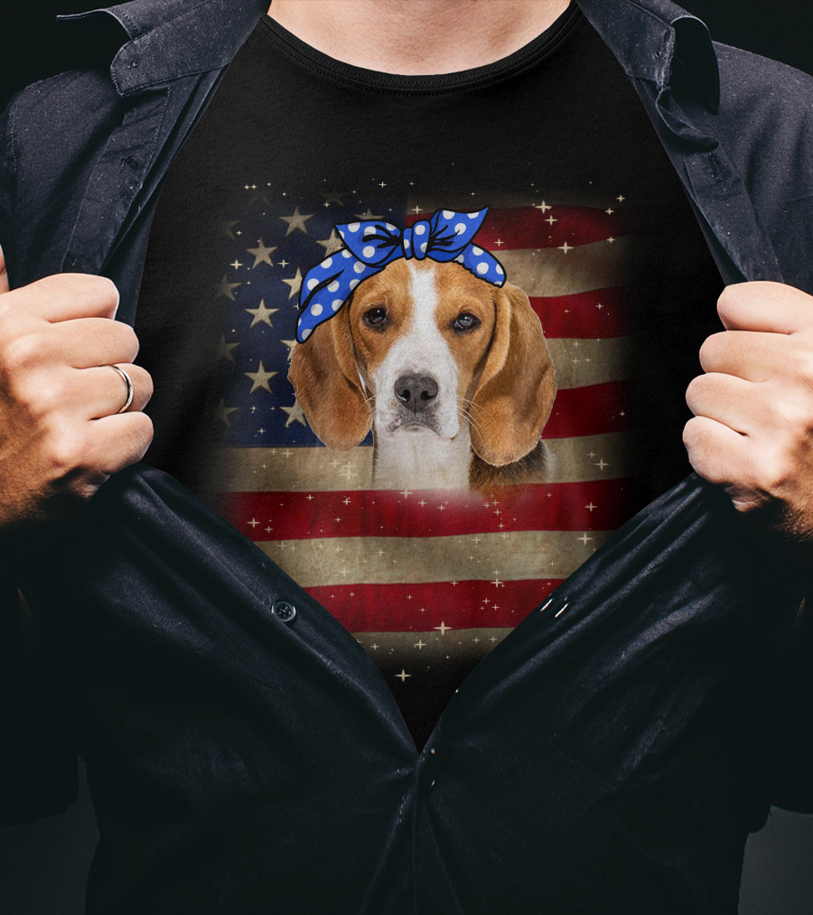 Beagle With Blue Polka Dot Bow On American Flag Background T-Shirt