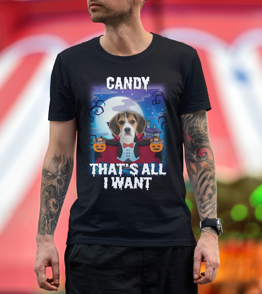 Candy Beagle Halloween Moonlit Mansion With Pumpkins T-Shirt