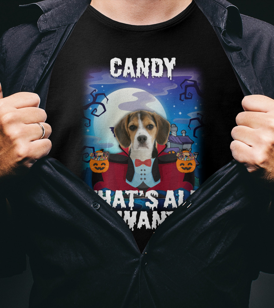 Candy Beagle Halloween Moonlit Mansion With Pumpkins T-Shirt