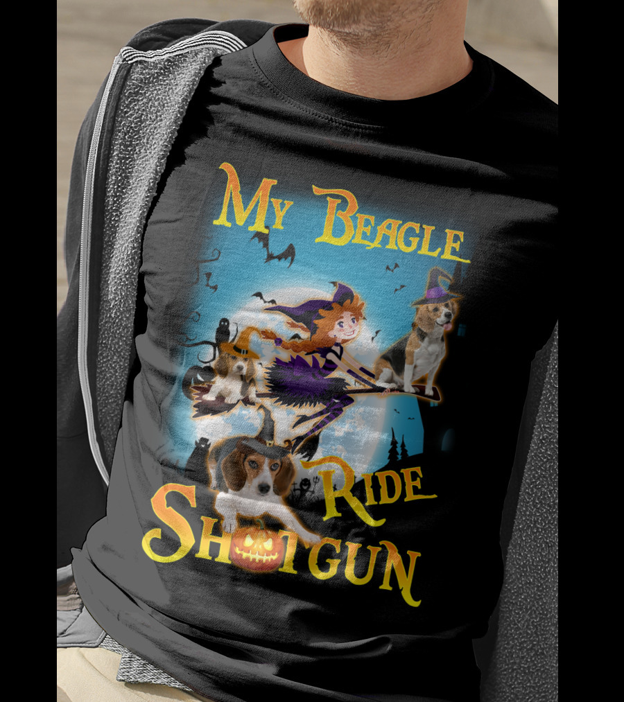 My Beagle Ride Shotgun Witch Halloween Beagle Bats Moon Jack O Lantern T-Shirt