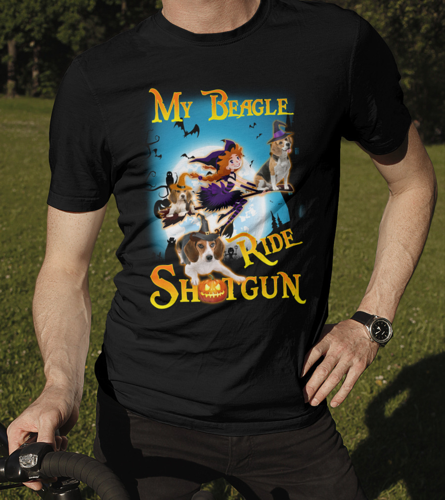 My Beagle Ride Shotgun Witch Halloween Beagle Bats Moon Jack O Lantern T-Shirt