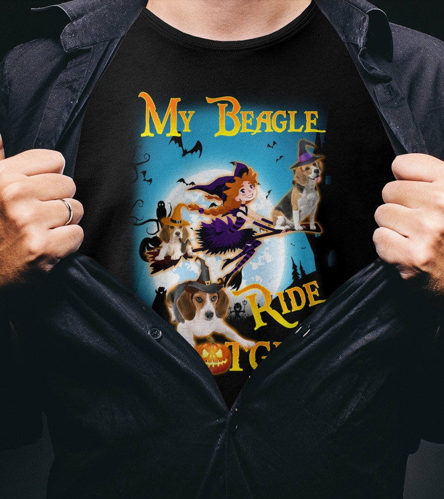 My Beagle Ride Shotgun Witch Halloween Beagle Bats Moon Jack O Lantern T-Shirt