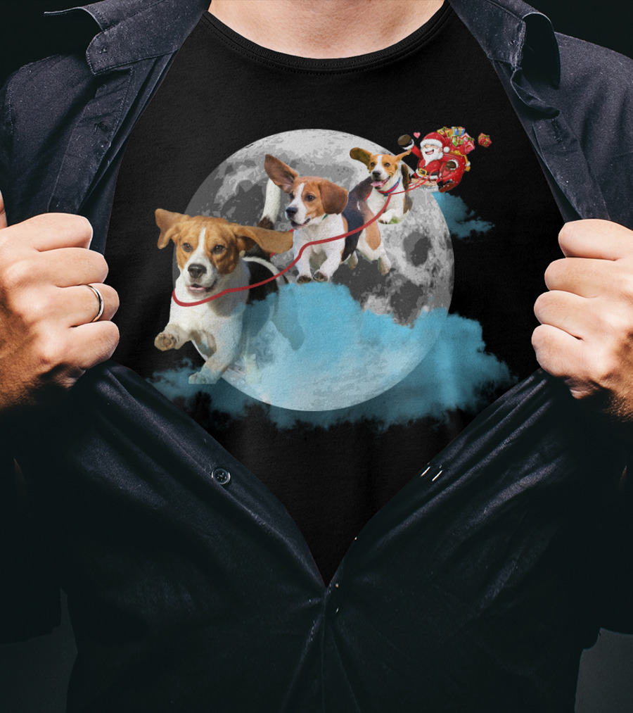 Santa And Beagles On The Moon Journey T-Shirt