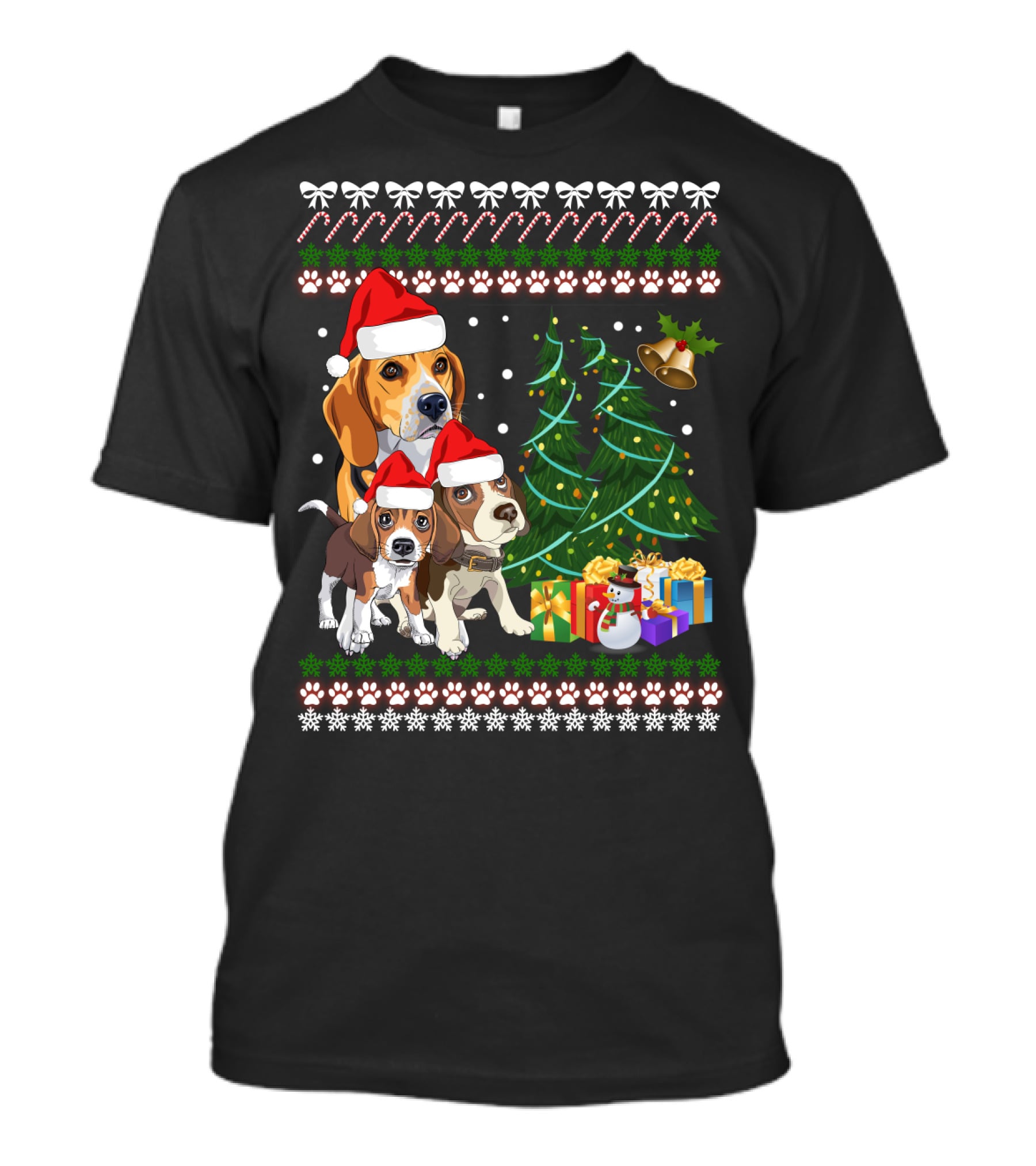 Santa Hat Beagles Christmas Tree And Gifts T-Shirt