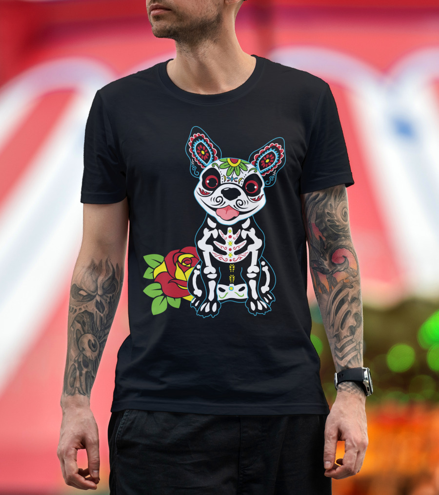 Boston Terrier Sugar Skull with Red Rose Day of the Dead T-Shirt