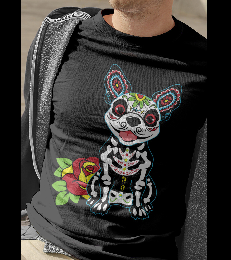 Boston Terrier Sugar Skull With Red Rose Day Of The Dead T-Shirt