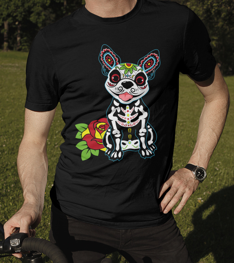 Boston Terrier Sugar Skull With Red Rose Day Of The Dead T-Shirt