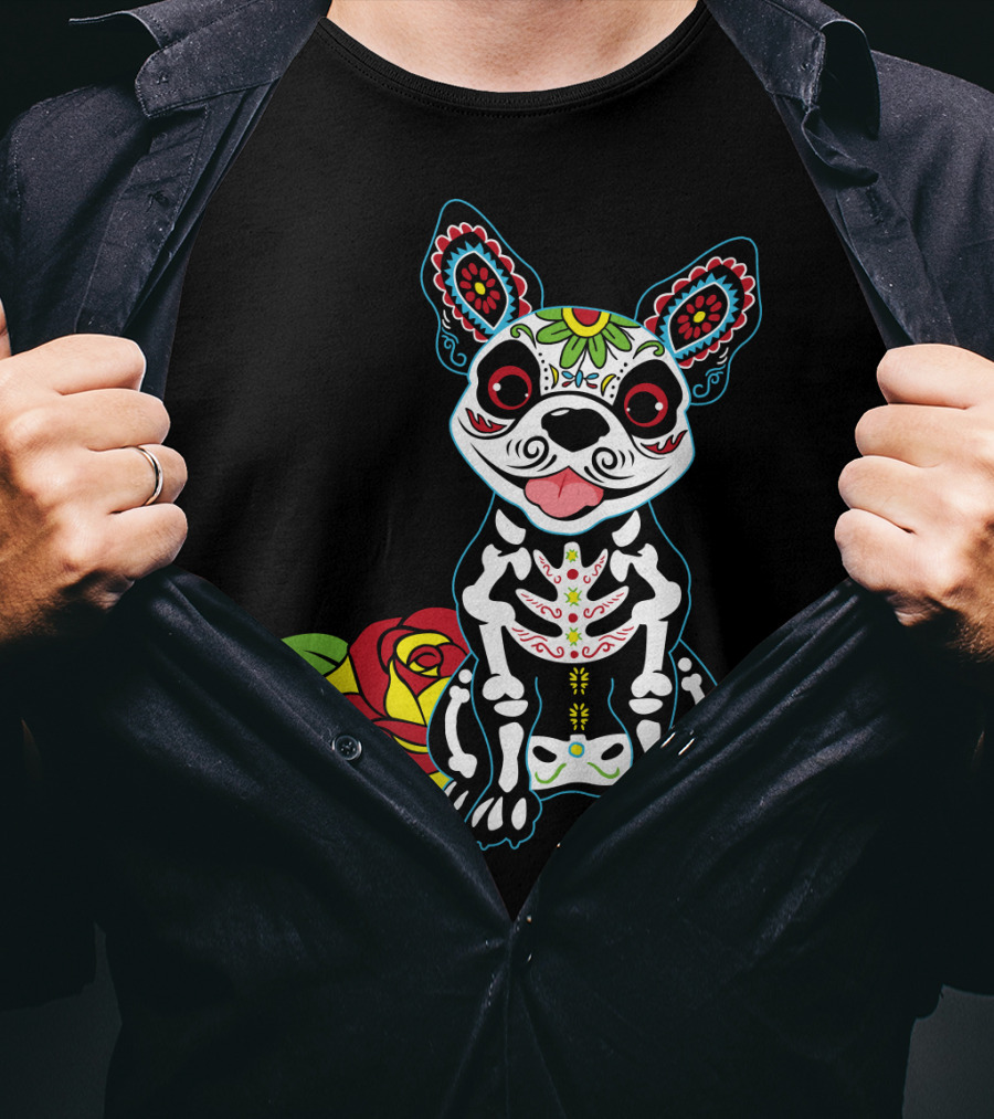 Boston Terrier Sugar Skull With Red Rose Day Of The Dead T-Shirt