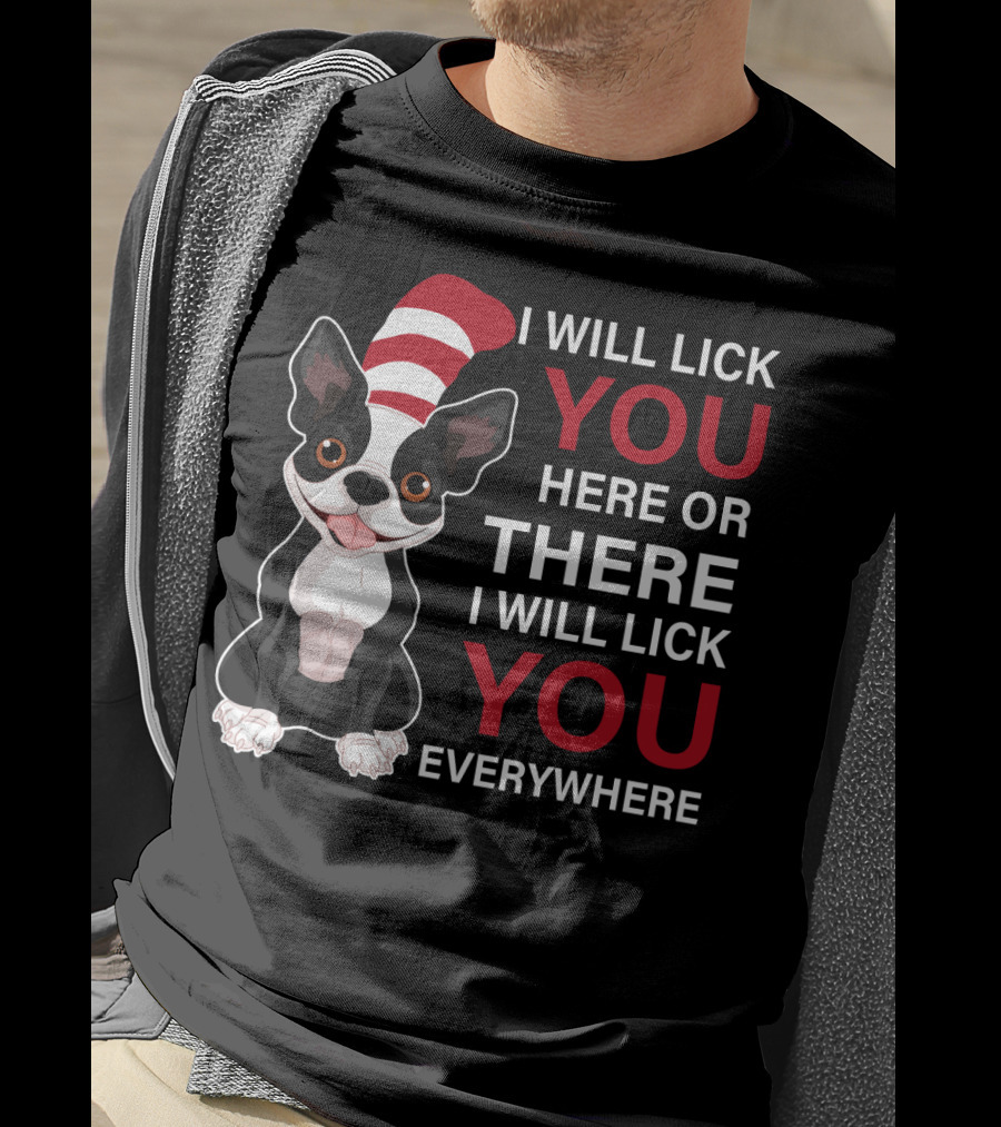 I Will Lick You Here Or There I Will Lick You Everywhere Boston Terrier T-Shirt