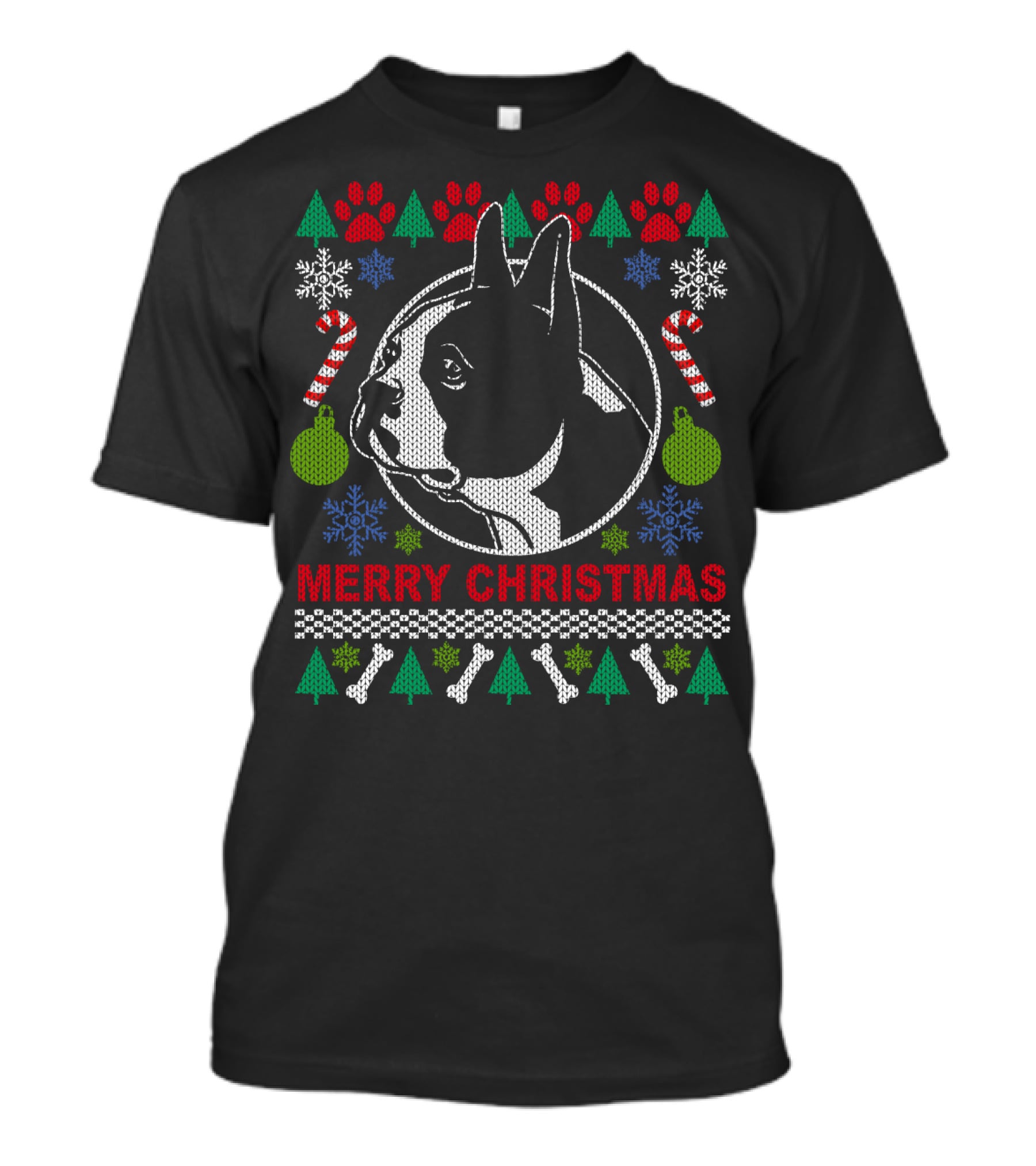 Merry Christmas Boston Terrier Candy Cane Snowflakes Trees T-Shirt