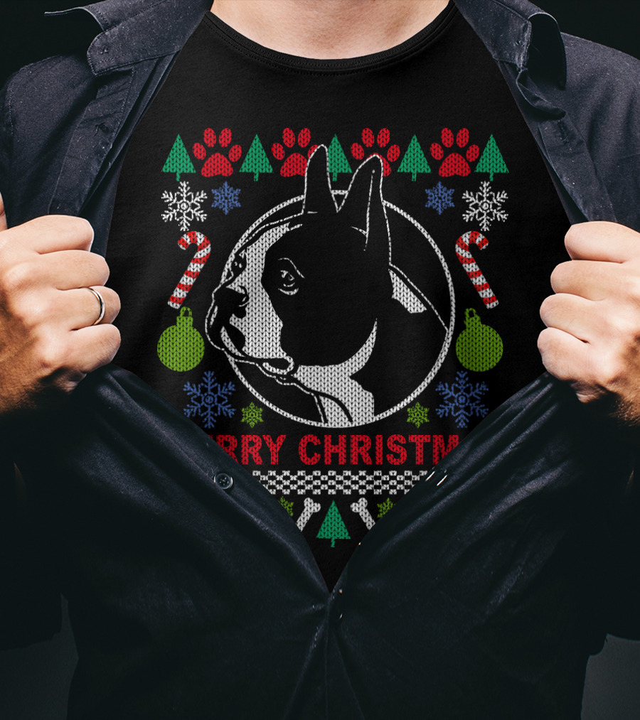 Merry Christmas Boston Terrier Candy Cane Snowflakes Trees T-Shirt