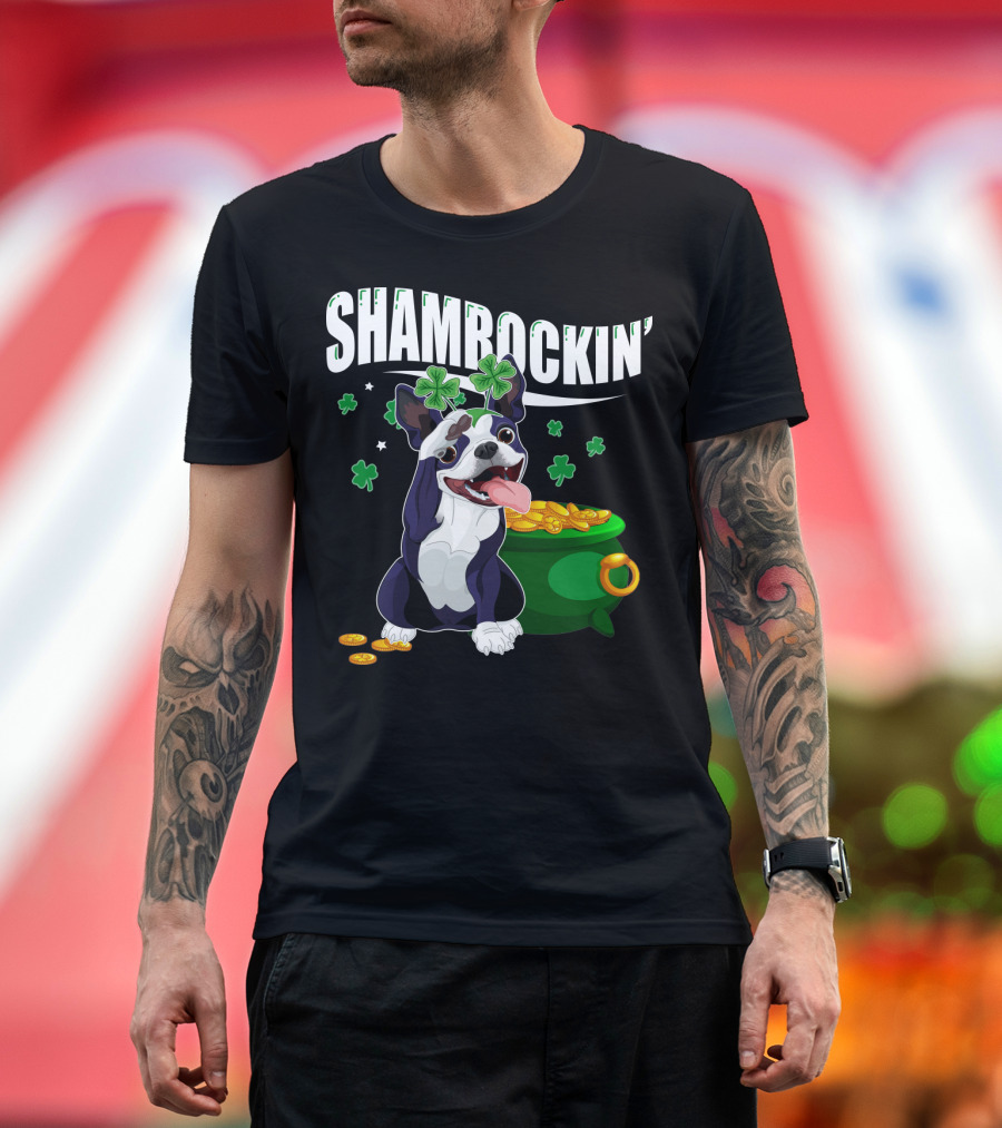 Shamrockin' Boston Terrier with Pot of Gold and Clovers T-Shirt