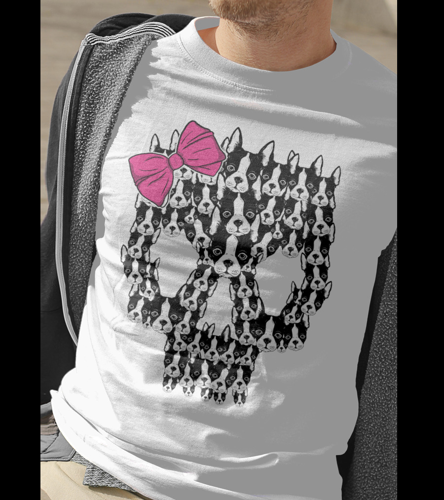 Boston Terrier Skull Pink Bow T-Shirt
