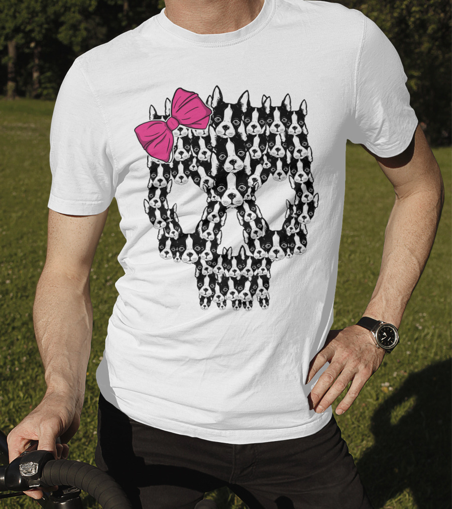 Boston Terrier Skull Pink Bow T-Shirt