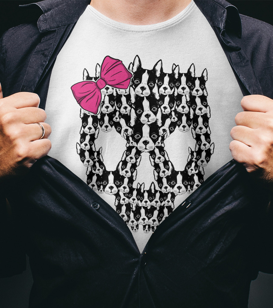 Boston Terrier Skull Pink Bow T-Shirt
