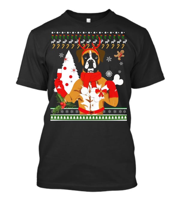Boxer Dog Christmas Ugly Sweater Style With Reindeer Antlers And Festive Decorations T-Shirt