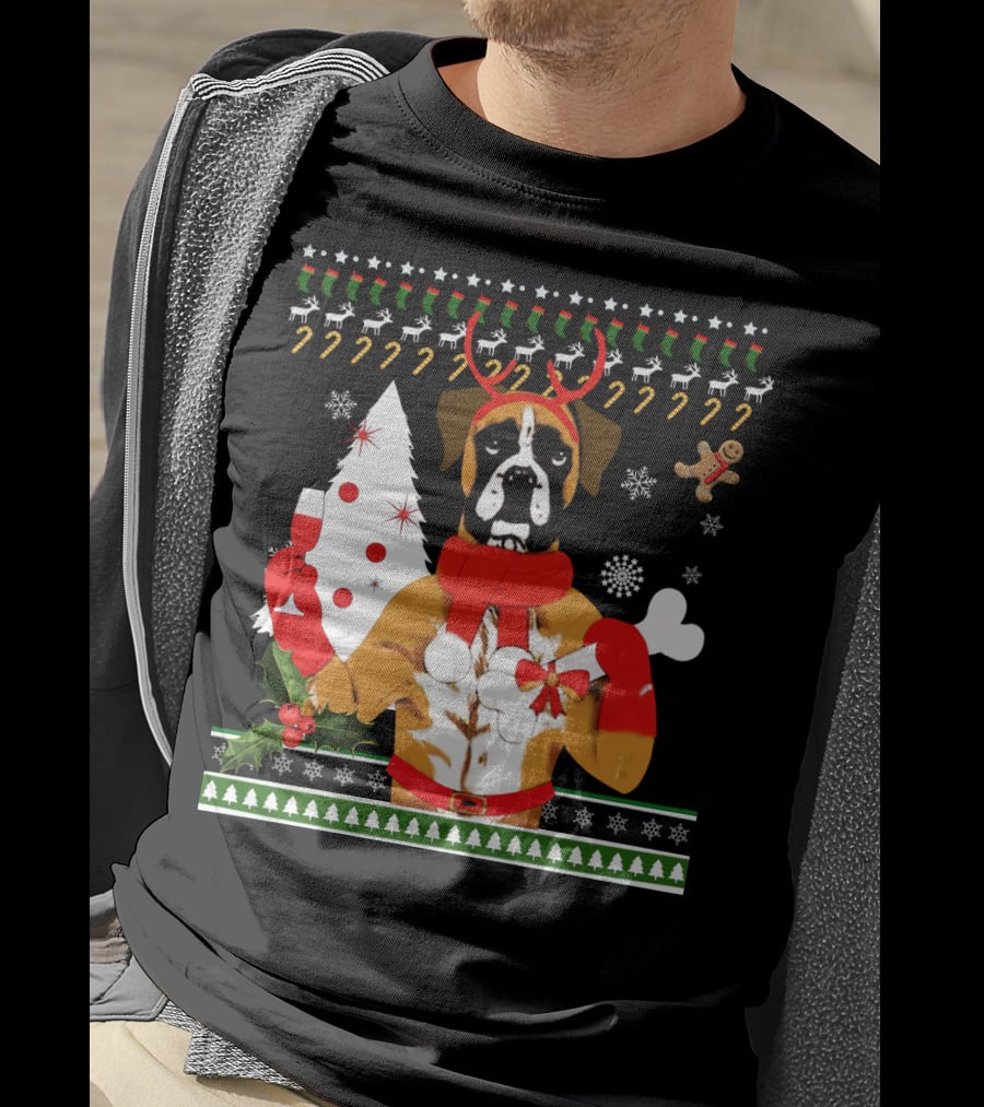 Boxer Dog Christmas Ugly Sweater Style With Reindeer Antlers And Festive Decorations T-Shirt