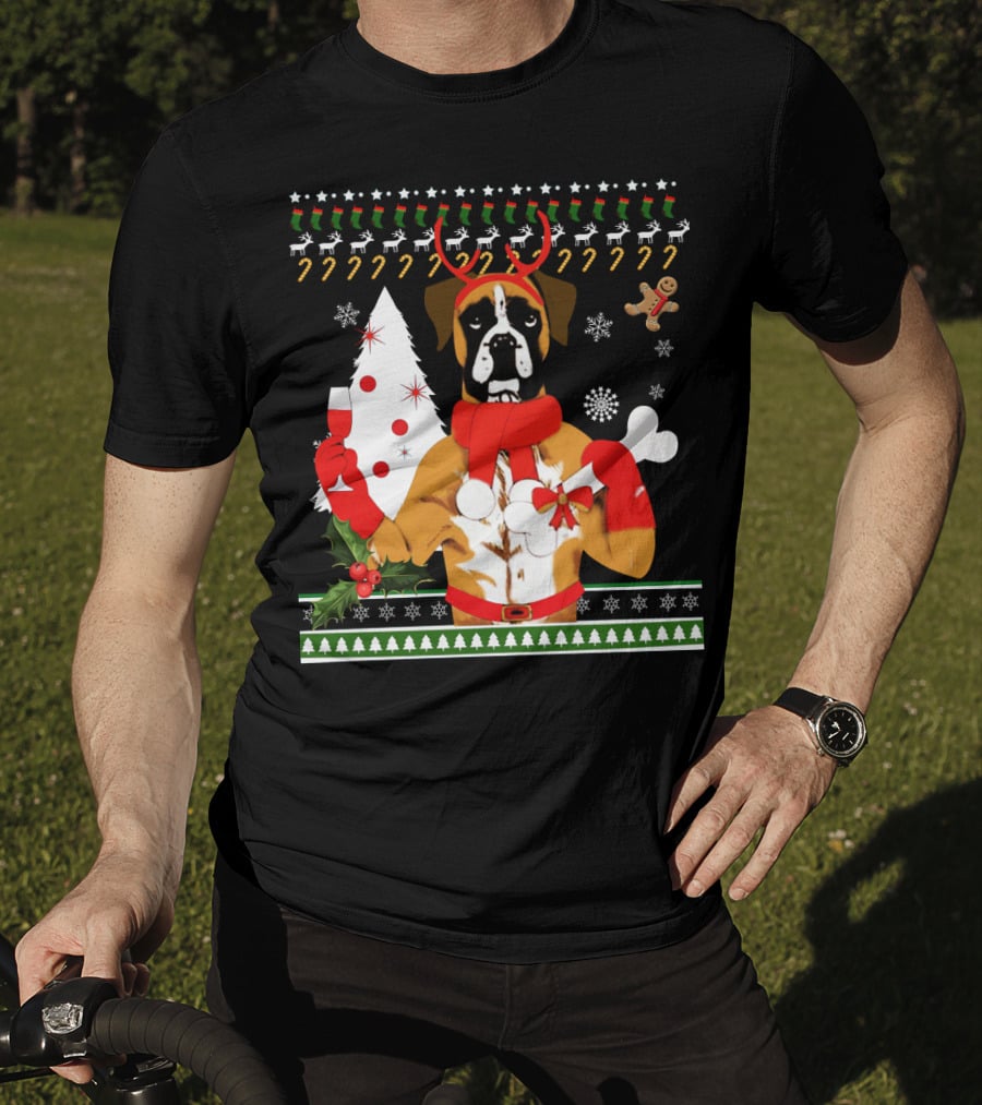 Boxer Dog Christmas Ugly Sweater Style With Reindeer Antlers And Festive Decorations T-Shirt
