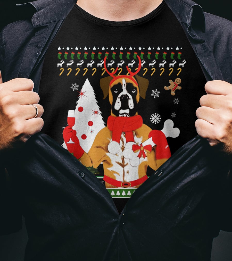 Boxer Dog Christmas Ugly Sweater Style With Reindeer Antlers And Festive Decorations T-Shirt