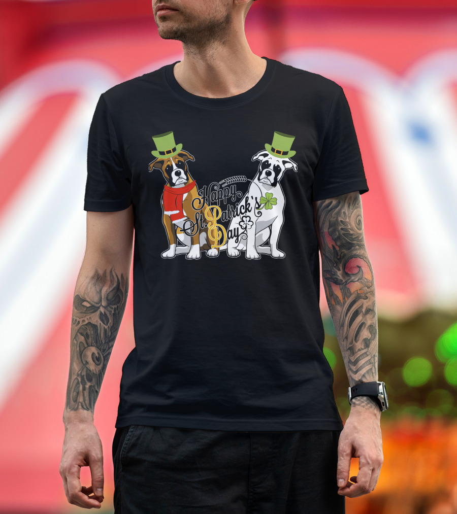 Happy St Patrick's Day Boxer Dogs with Shamrocks and Hats T-Shirt
