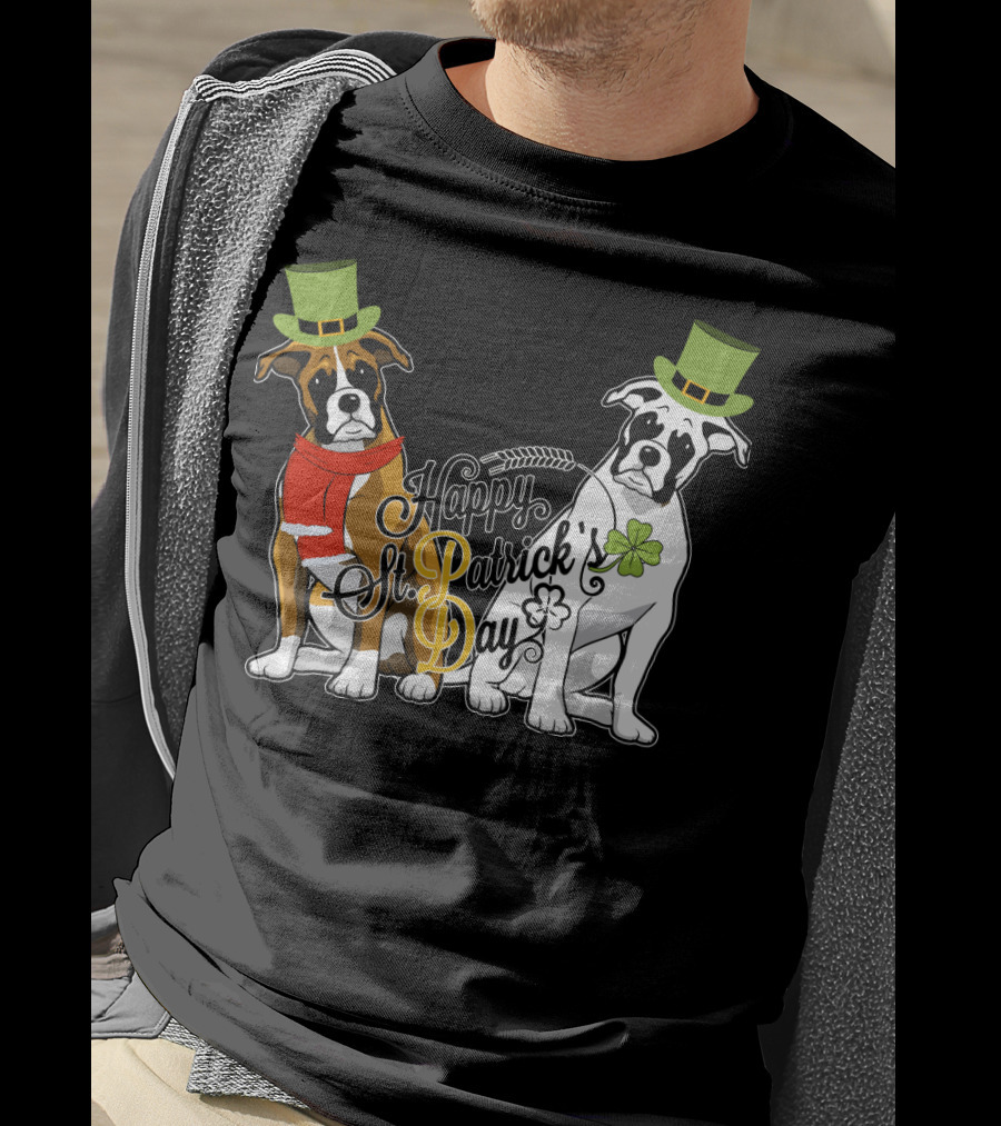 Happy St Patrick's Day Boxer Dogs With Shamrocks And Hats T-Shirt