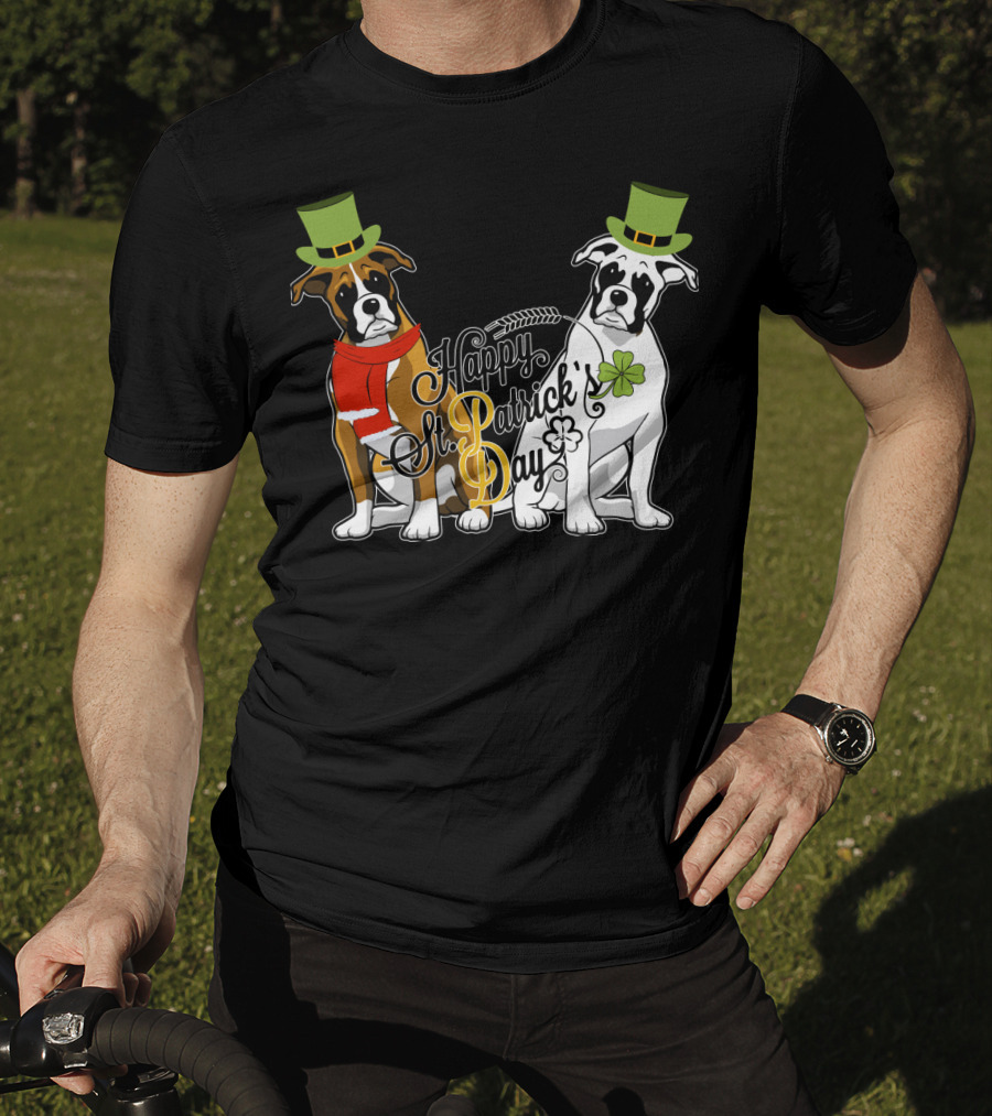 Happy St Patrick's Day Boxer Dogs With Shamrocks And Hats T-Shirt