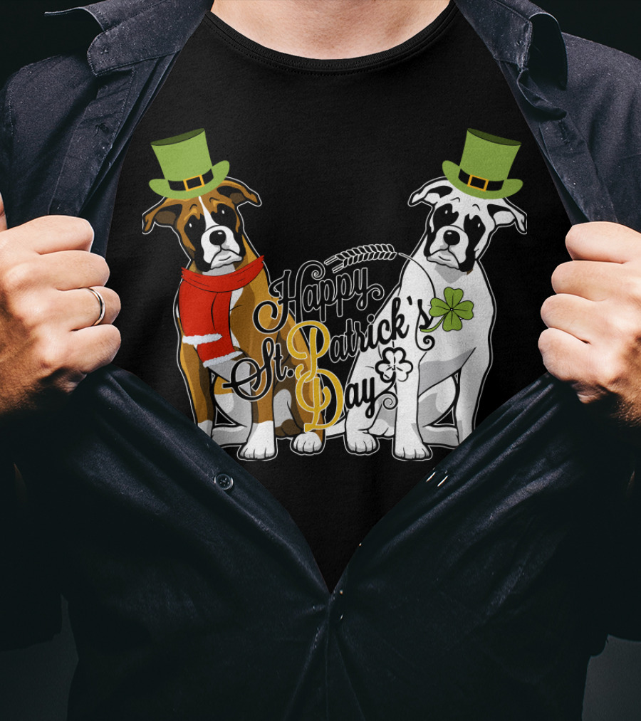 Happy St Patrick's Day Boxer Dogs With Shamrocks And Hats T-Shirt