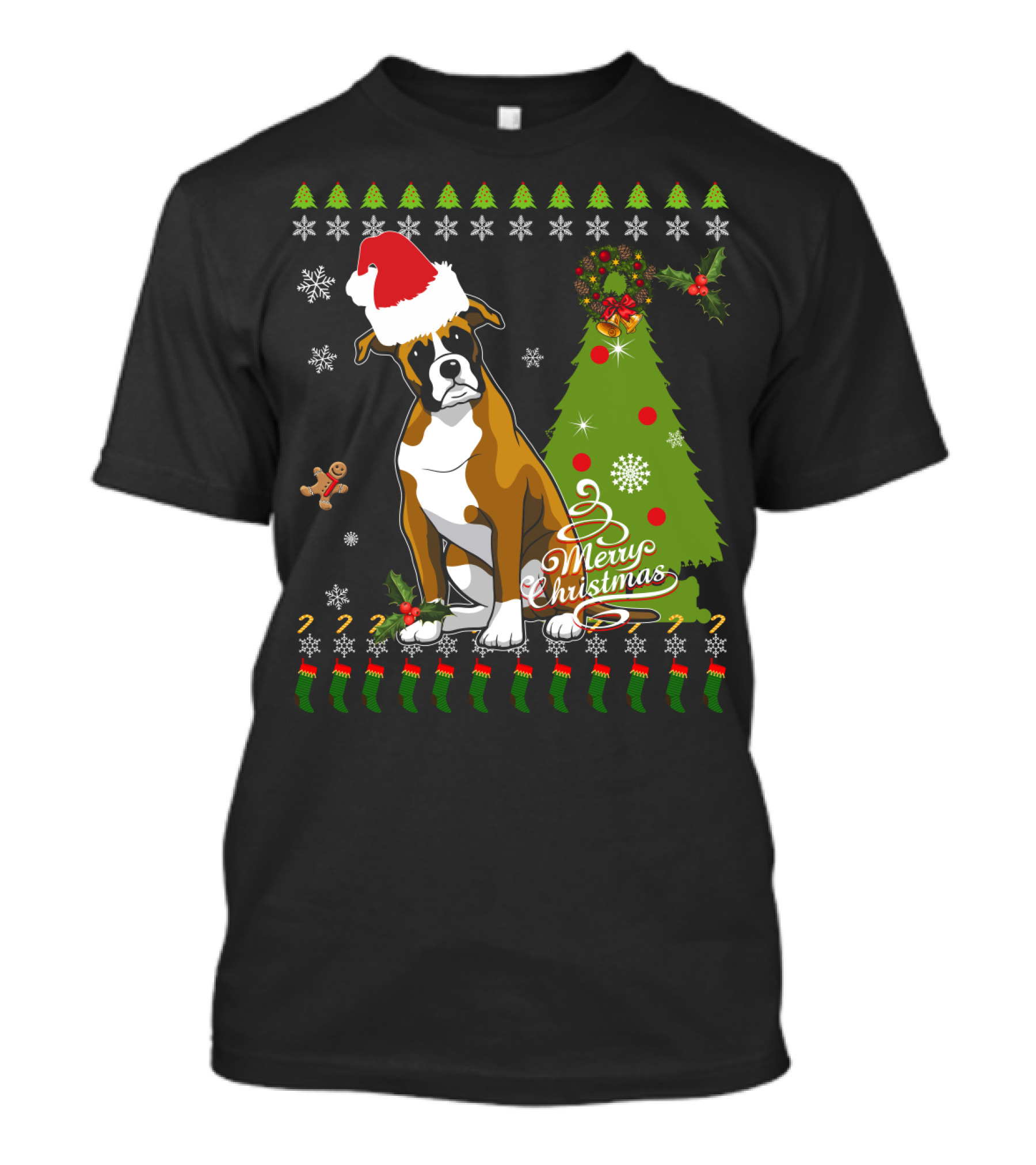 Merry Christmas Boxer Santa Hat Gingerbread Man Christmas Tree Snowflakes T-Shirt