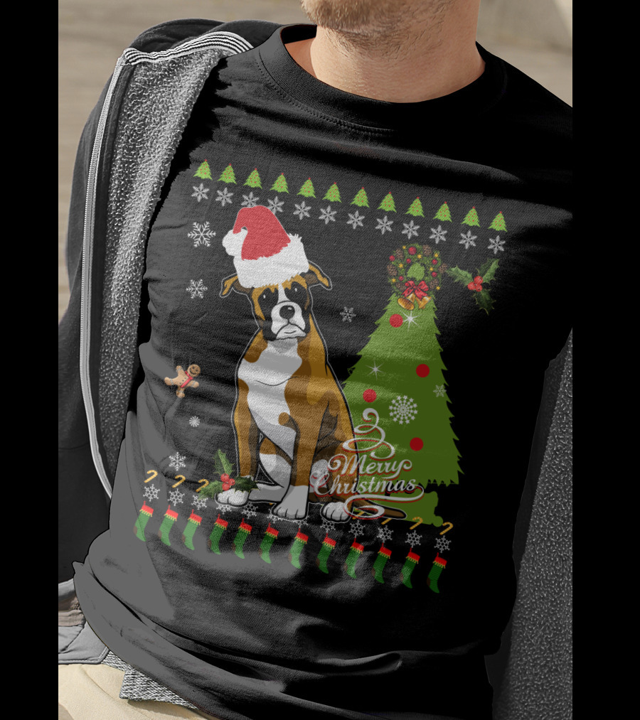 Merry Christmas Boxer Santa Hat Gingerbread Man Christmas Tree Snowflakes T-Shirt