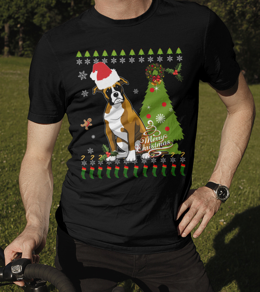 Merry Christmas Boxer Santa Hat Gingerbread Man Christmas Tree Snowflakes T-Shirt