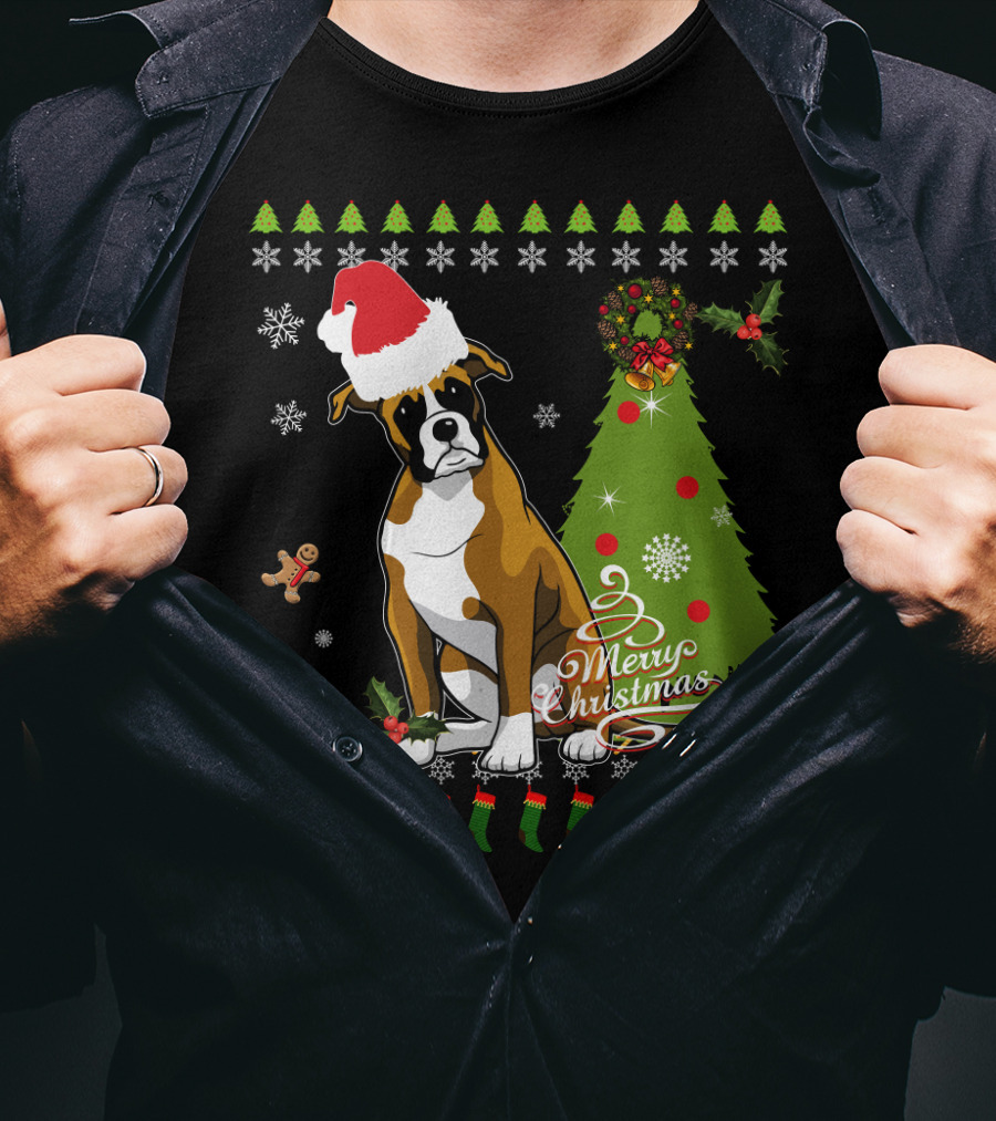 Merry Christmas Boxer Santa Hat Gingerbread Man Christmas Tree Snowflakes T-Shirt