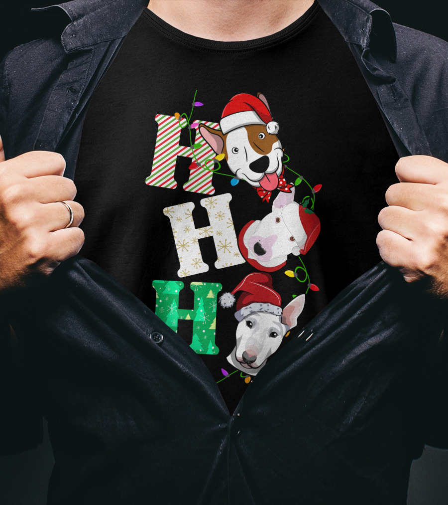 Ho Ho Ho Bullterrier Christmas Santa Hats T-Shirt