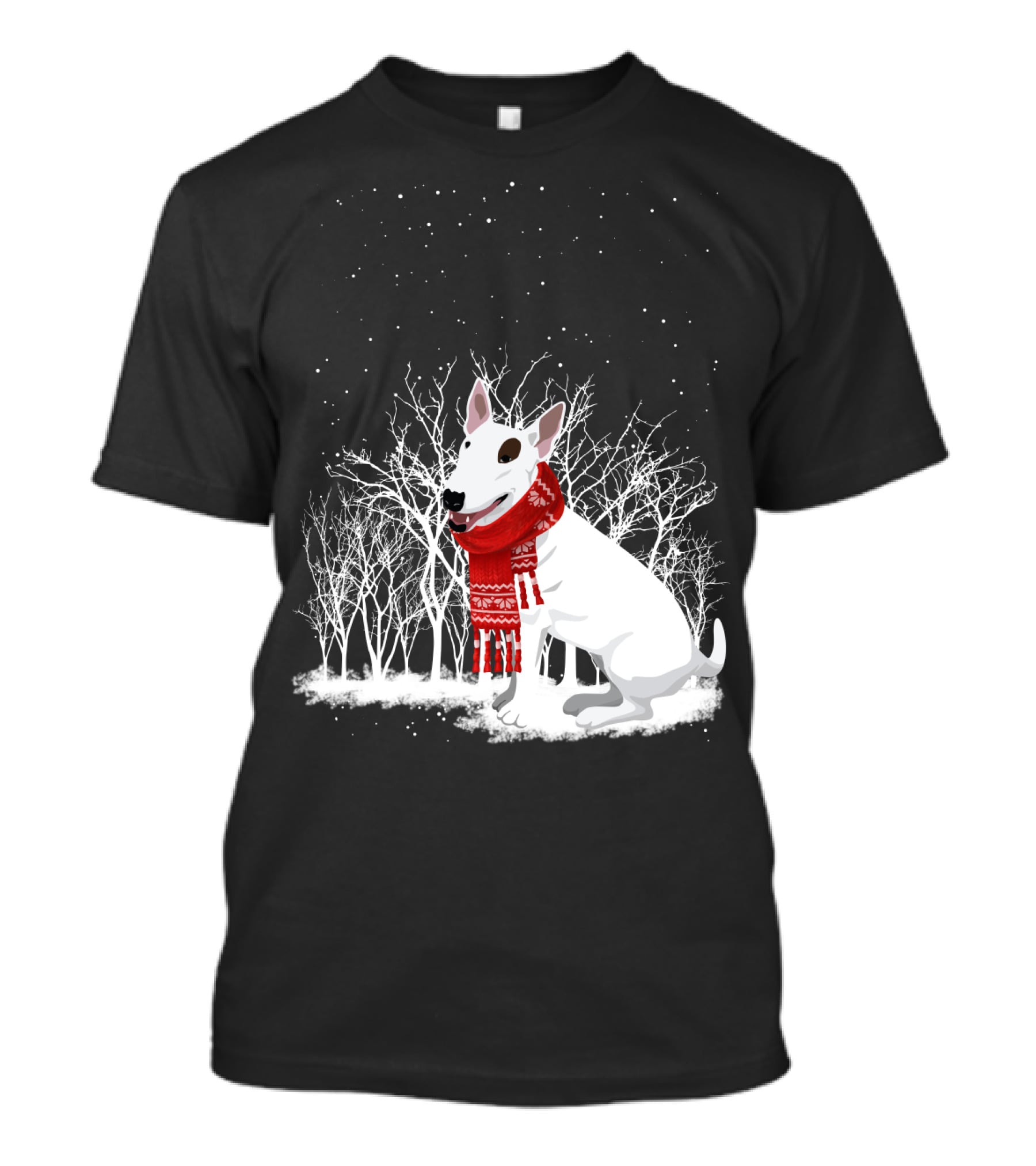 Winter Bullterrier Red Scarf Snowy Forest T-Shirt