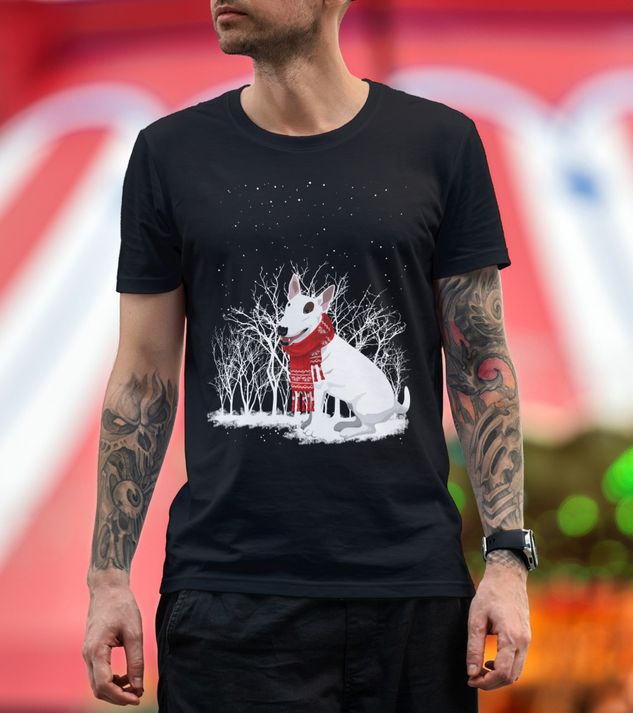 Winter Bullterrier Red Scarf Snowy Forest T-Shirt