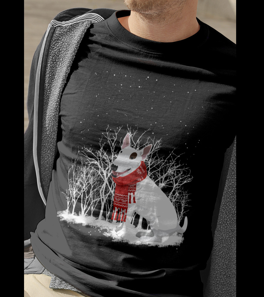Winter Bullterrier Red Scarf Snowy Forest T-Shirt
